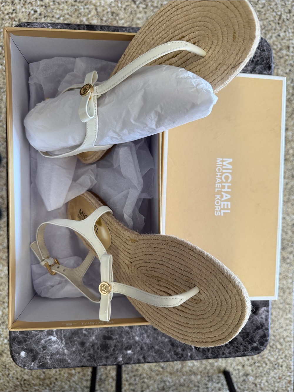 Michael Kors Cream Espadrille Thong Sandals with Gold Logo
